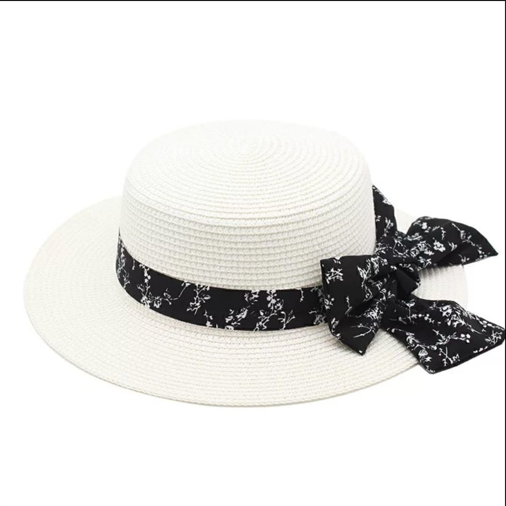 White with black ribbon straw hat